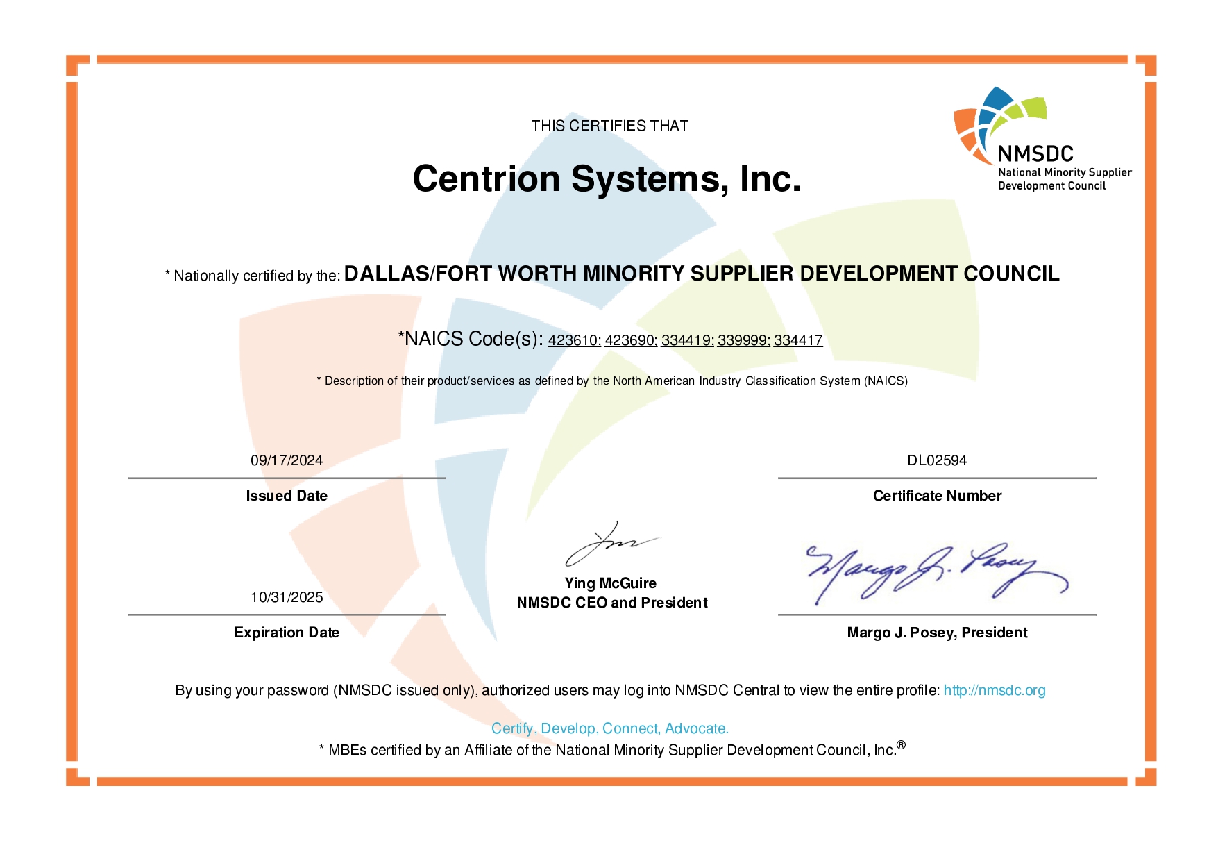 Centrion Systems, Inc. Certificate